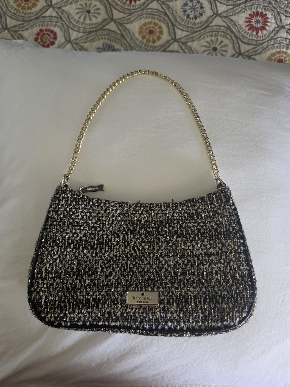 kate spade Black and Gold Tweed Shoulder Bag with Chain Strap
